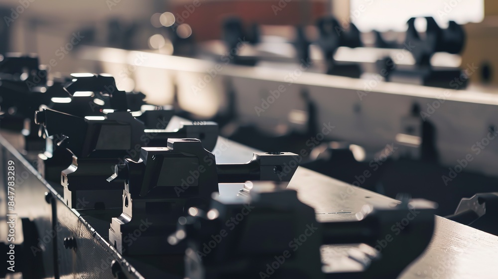 Poster fabrication tools on a custom production line, precise, sharp lighting.