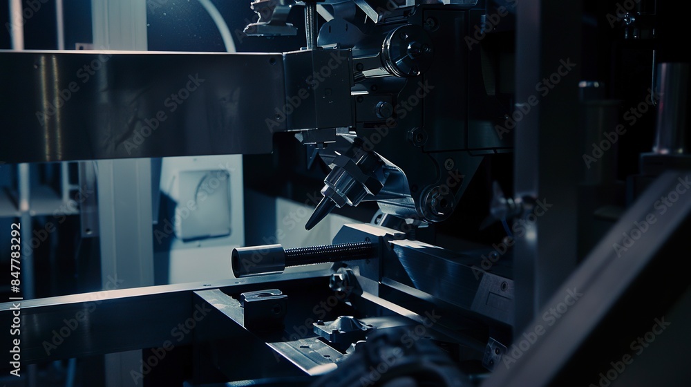 Poster fabrication tools on a custom production line, precise, sharp lighting.