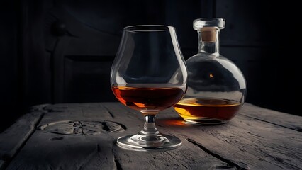 Glass of brandy or cognac and bottle on old oak wooden table dark photo
