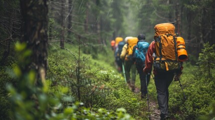 Group of hikers with colorful backpacks walking in a forest among lush green vegetation. Rear view. Adventure, travel, tourism, hiking and people friendship concept. Outdoor activity.