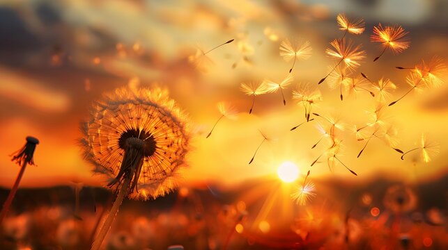 Golden sunset and dandelion 