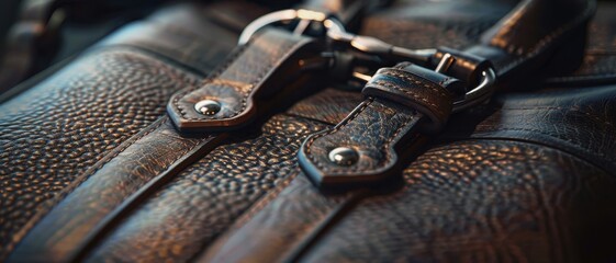 Close-Up of Luxurious Leather Bag with Detailed Texture and Metal Buckles in Warm Lighting