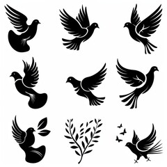 Obraz premium Peace dove graffiti, pigeons, twigs ink illustration. Flying birds silhouettes monochrome flat icons