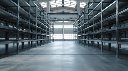 empty shelves interior of distribution warehouse 