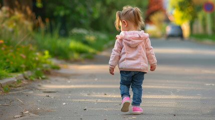 Toddler girl walking on sidewalk in a sunny neighborhood