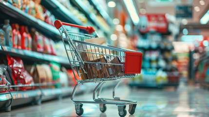 grocery shopping cart in supermarket aisle, blurred background, products on shelves, selective focus