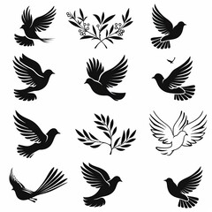 Obraz premium Peace dove graffiti, pigeons, twigs ink illustration. Flying birds silhouettes monochrome flat icons