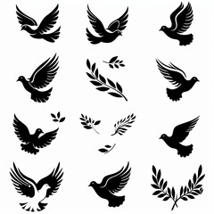 Obraz premium Peace dove graffiti, pigeons, twigs ink illustration. Flying birds silhouettes monochrome flat icons
