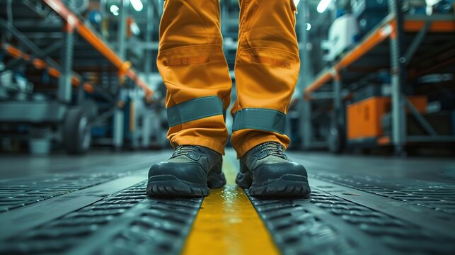 Factory worker wearing safety shoe and working uniform is standing in the factory, ready for working in danger workplace, Safety equipment concept. copy space for text.