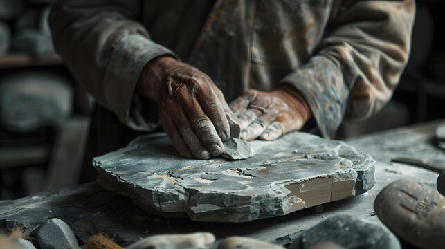 stonecutter working on slate, hands shaping stone, dusty workshop, close-up detail