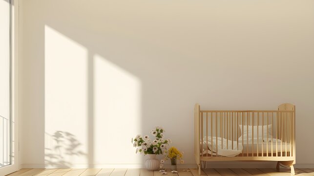 empty nursery room with wooden baby cot bed, flowers and empty white walls with sunlit