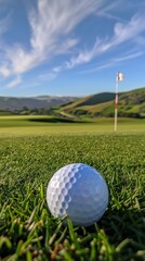 Obraz premium White golf ball lying on green grass against beautiful scenic view of green meadow under clear sky. Vertical image.