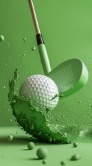Artistic close-up of golf club striking golf ball with green particles exploding around, against vibrant green background.
