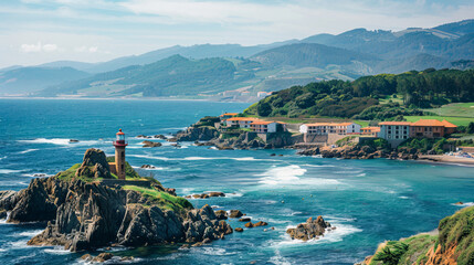 Lighthouse overlooking a stunning rugged coastline with houses