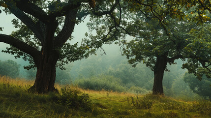Obraz premium Serene oak trees in a misty forest in Sudetes, Poland
