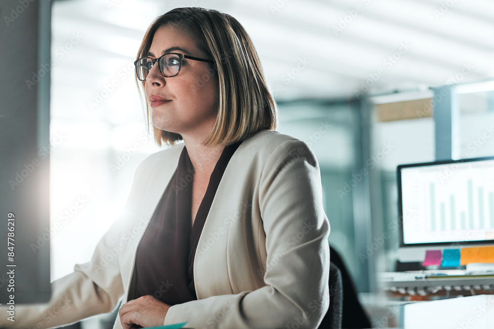 Poster computer, reading and business woman in office for planning, research or report on email. pc, financ