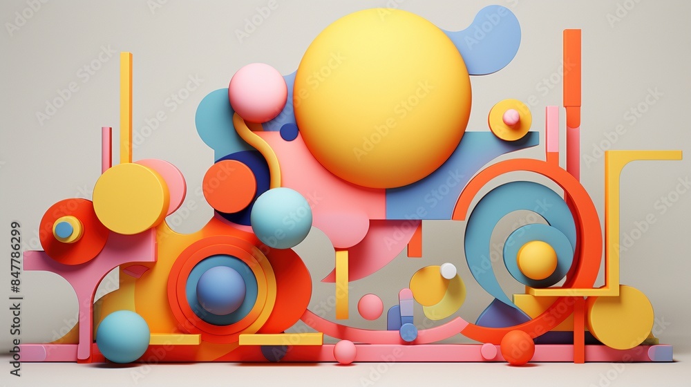Poster vibrant arrangement of colorful geometric shapes 3d rendering image. dynamic modern abstract composi