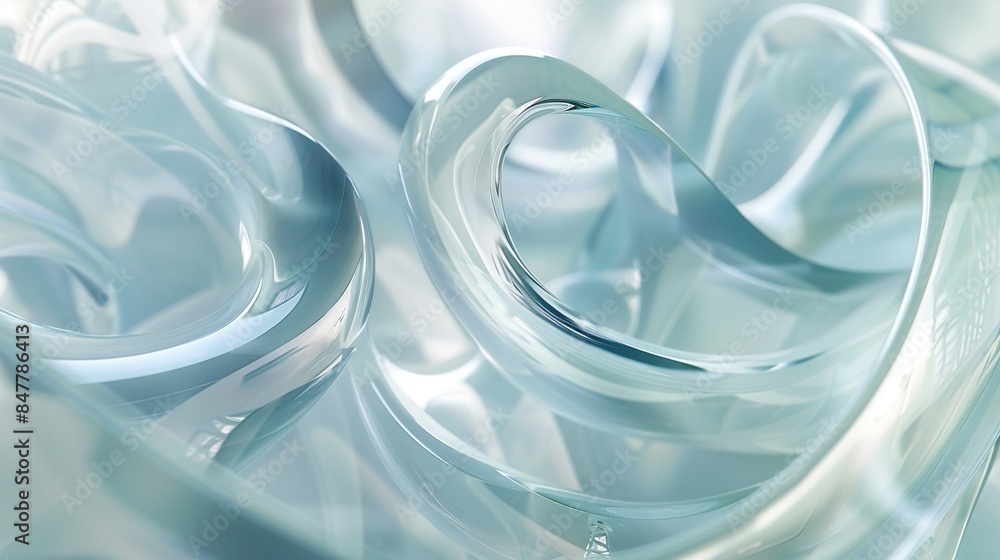 Poster translucent glass-like abstract shapes in soft blue 3d rendering image. fluid, ethereal appearance w