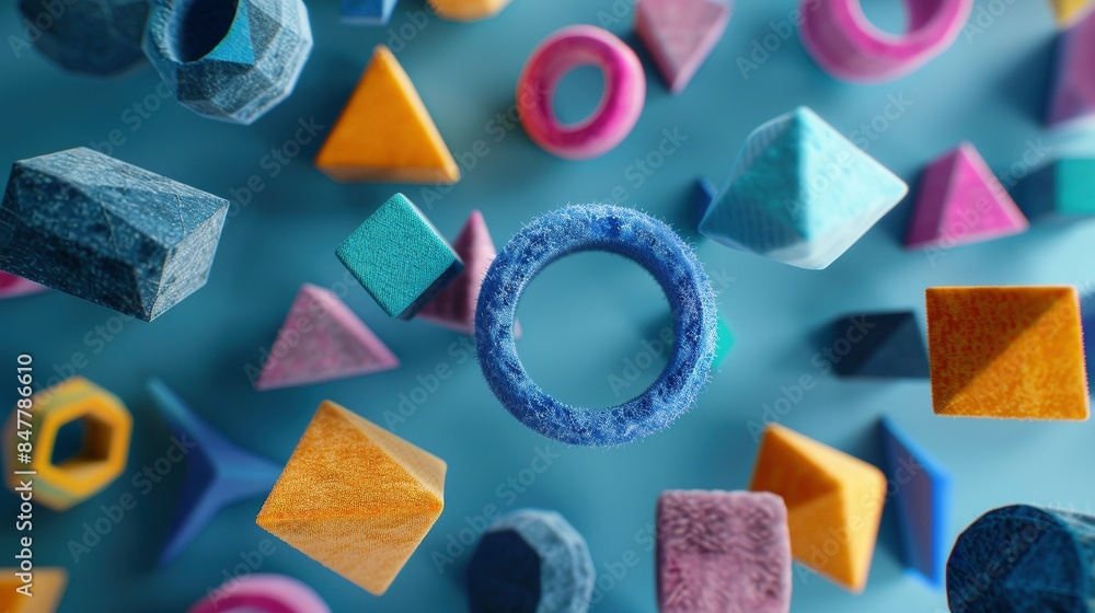 Poster colorful geometric shapes with soft textures floating 3d rendering image. dynamic arrangement agains