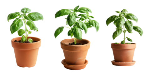  Set of vibrant basil plant in a small terra cotta pot, isolated on transparent white background