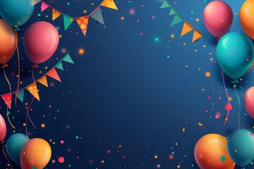 Colorful birthday celebration background with balloons, confetti, and flags