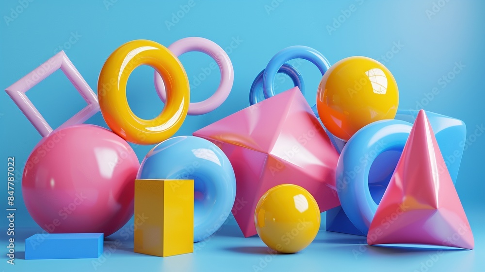 Poster abstract composition with glossy geometric shapes 3d rendering image. dynamic objects on blue backgr