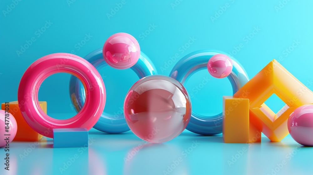 Poster geometric shapes arranged in playful composition 3d rendering image. fun shapes on bright blue backg