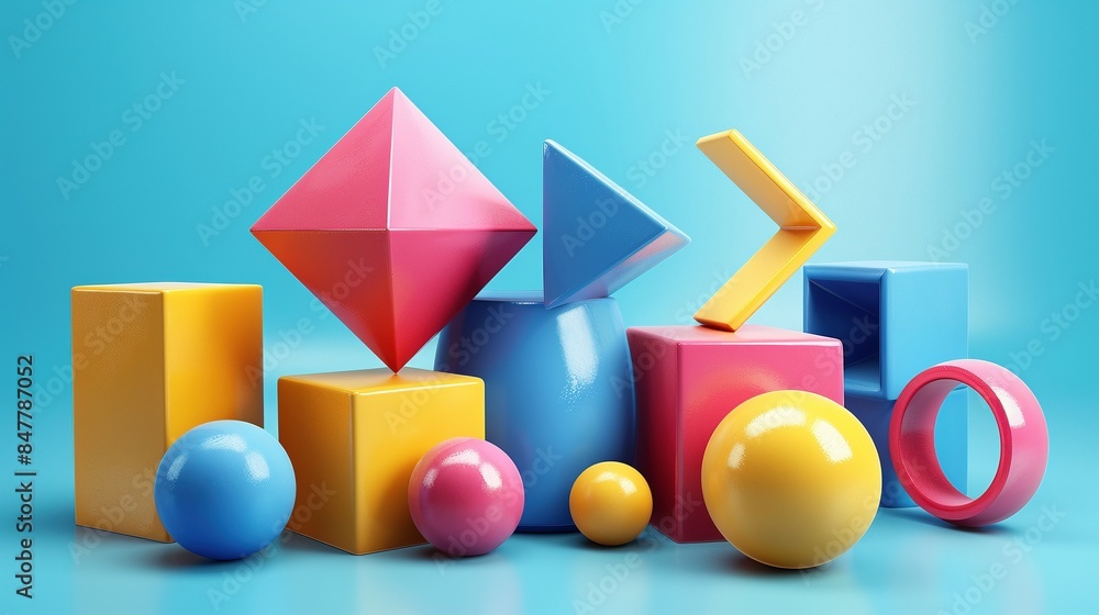 Poster brightly colored geometric shapes 3d rendering image. arranged in structured abstract composition on