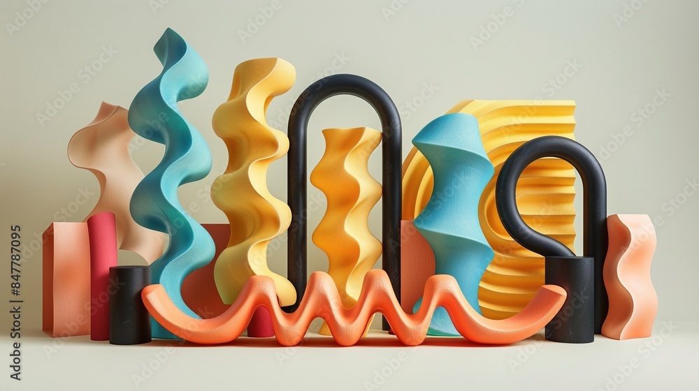 Poster abstract sculptural composition with wavy forms 3d rendering image. dynamic and artistic visual effe