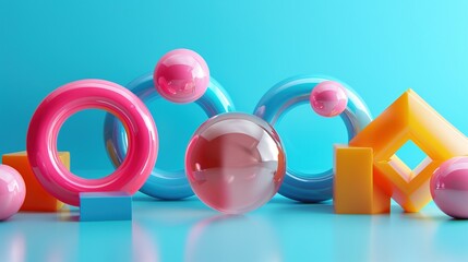 Geometric shapes arranged in playful composition 3d rendering image. Fun shapes on bright blue background wallpaper art colorful realistic. Abstraction concept idea, conceptual photo