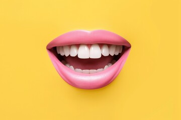 Closeup of smiling pink lips with white teeth against yellow background