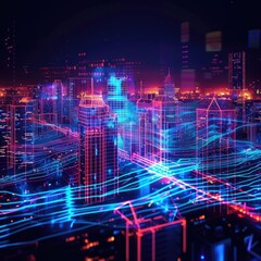 Fototapeta premium Futuristic cityscape with neon lights, Digital urban night view, Glowing skyscrapers and lines, Modern technology city vision