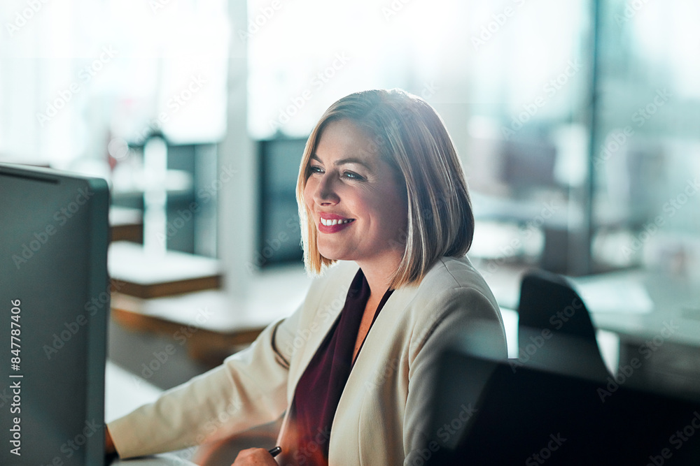 Poster computer, smile and business woman in office for budget planning, research and reading email. pc, fi