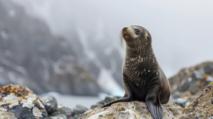 Fototapeta premium Young Antarctic fur seal resting on rocky shore in misty weather