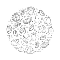 Fototapeta premium Summer fruit isolated elements. Hand draw. Black vector abstract design for paper, cover, fabric, interior decor and other use