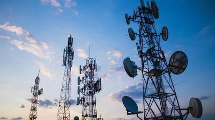 Antenna tower of telecommunication and Phone base station with TV and wireless internet antennas