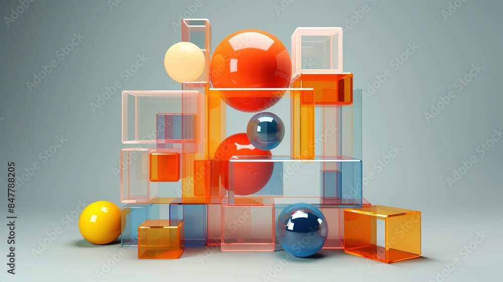Aufkleber abstract arrangement of spheres, transparent geometric shapes 3d rendering image. creative structure