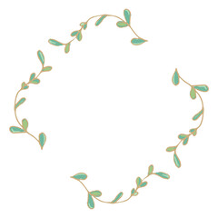 Gold square frame png sticker, green doodle leaf illustration