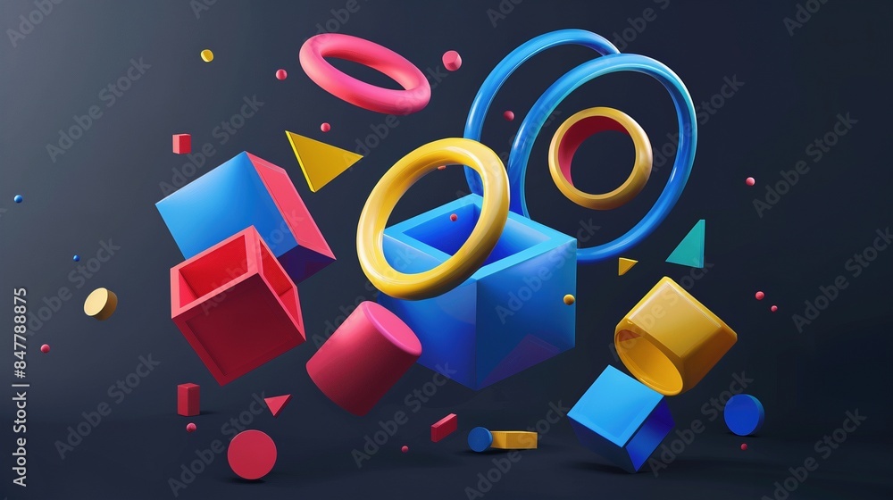 Poster abstract composition floating in dark space 3d rendering image. dynamic and playful geometric arrang