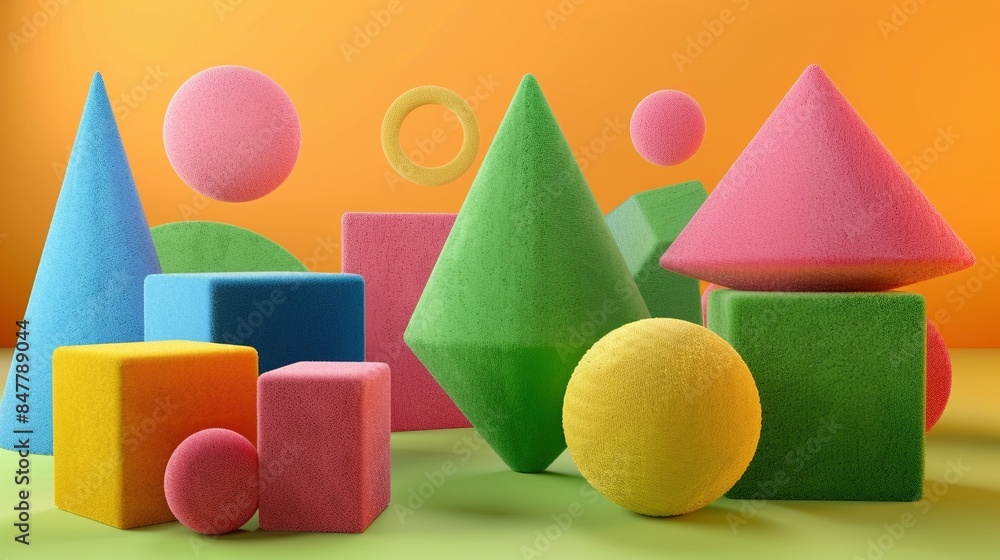 Aufkleber bright abstract composition of fluffy geometric shapes 3d rendering image. forms covered in fabric t