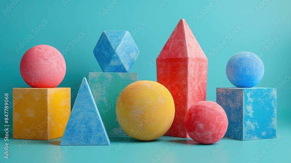 Poster abstract arrangement of plush texture shapes 3d rendering image. playful composition on turquoise ba