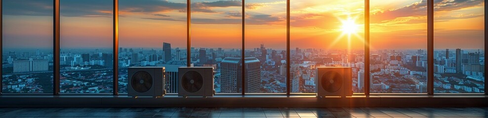 Air Conditioning Units on Modern Skyscraper at Sunset