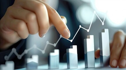 Business growth concept, financial graph analysis, hand pointing at chart, rising bar graph, business strategy success, economic development