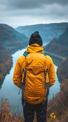 Back View of Hiker with Yellow Backpack Overlooking River Valley