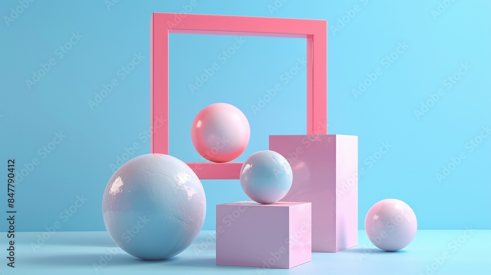 Aufkleber abstract pastel spheres and cubes with pink frame 3d rendering image. minimalist and modern design o