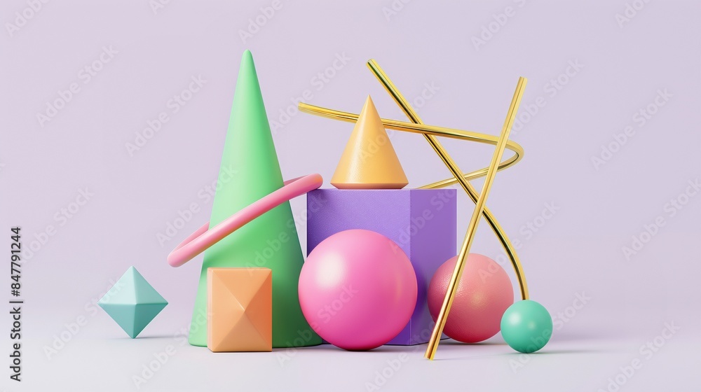 Aufkleber playful surreal forms in abstract composition 3d rendering image. abstraction on purple background w