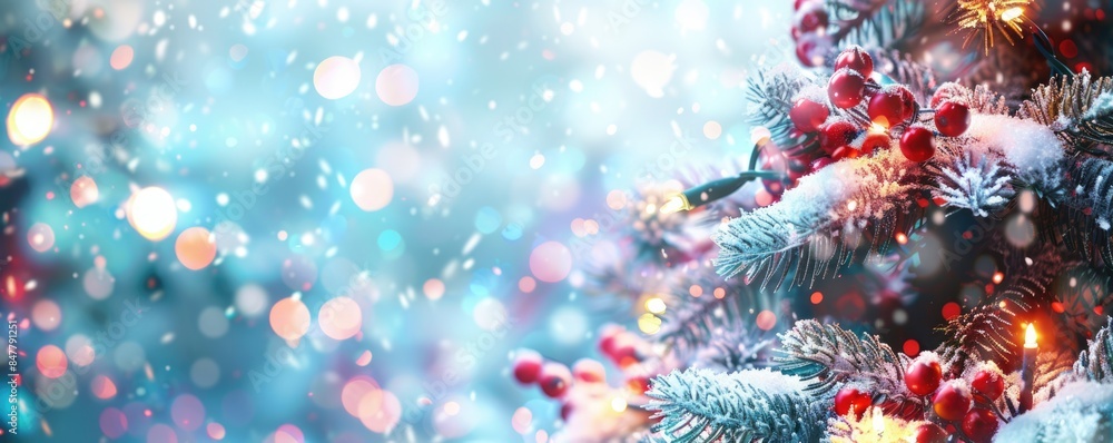 Poster christmas tree in snow with bokeh background