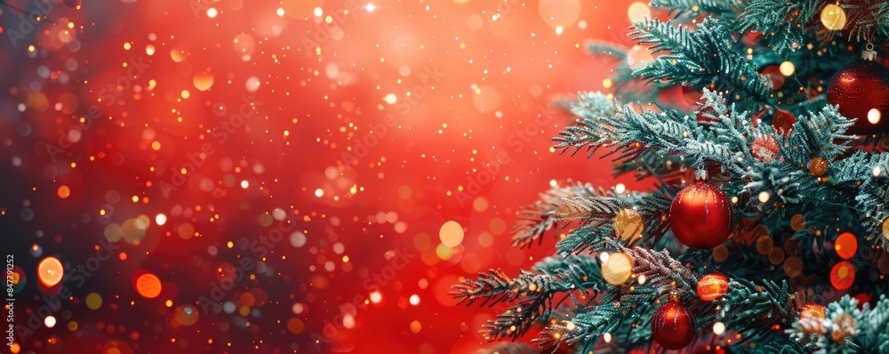 Poster christmas tree on red background with copy space