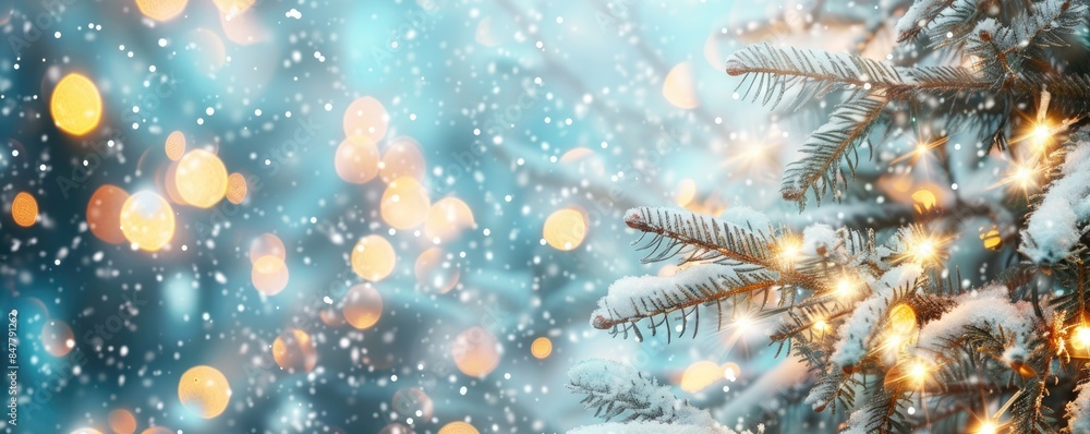 Poster christmas tree in snow with bokeh background