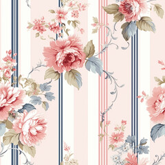 Obraz premium Seamless pattern, tileable striped pink floral country style print for wallpaper, wrapping paper with English countryside rose flowers for scrapbook, fabric and product design idea